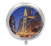 Round Pill Case Small Pill Box with Mirror Pocket 3 Compartment City Night View Medicine Case Organizer Pills Containers for Traveling Purse & Pocket