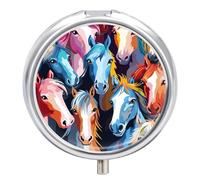 Round Pill Case Small Pill Box with Mirror Pocket 3 Compartment Colorful Cartoon Horses Medicine Case Organizer Pills Containers for Traveling Purse & Pocket