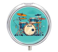 Round Pill Case Small Pill Box with Mirror Pocket 3 Compartment Cool Drum Set Medicine Case Organizer Pills Containers for Traveling Purse & Pocket