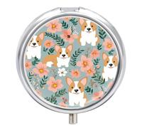Round Pill Case Small Pill Box with Mirror Pocket 3 Compartment Corgi Floral Flowers Spring Garden Medicine Case Organizer Pills Containers for Traveling Purse & Pocket