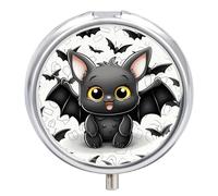 Round Pill Case Small Pill Box with Mirror Pocket 3 Compartment Cute Bat Medicine Case Organizer Pills Containers for Traveling Purse & Pocket