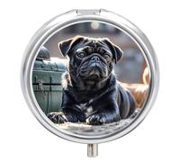 Round Pill Case Small Pill Box with Mirror Pocket 3 Compartment Cute Black Pug Dog Medicine Case Organizer Pills Containers for Traveling Purse & Pocket