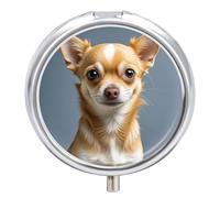 Round Pill Case Small Pill Box with Mirror Pocket 3 Compartment Cute Chihuahua Medicine Case Organizer Pills Containers for Traveling Purse & Pocket