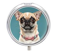 Round Pill Case Small Pill Box with Mirror Pocket 3 Compartment Cute Chihuahua Pug Medicine Case Organizer Pills Containers for Traveling Purse & Pocket