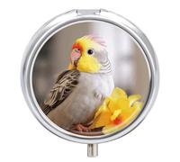 Round Pill Case Small Pill Box with Mirror Pocket 3 Compartment Cute Cockatiel Medicine Case Organizer Pills Containers for Traveling Purse & Pocket
