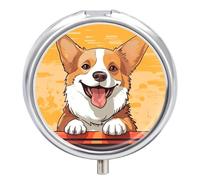 Round Pill Case Small Pill Box with Mirror Pocket 3 Compartment Cute Corgi Dog Medicine Case Organizer Pills Containers for Traveling Purse & Pocket