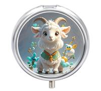 Round Pill Case Small Pill Box with Mirror Pocket 3 Compartment Cute Goat Medicine Case Organizer Pills Containers for Traveling Purse & Pocket