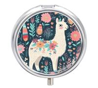 Round Pill Case Small Pill Box with Mirror Pocket 3 Compartment Cute Llama Floral Medicine Case Organizer Pills Containers for Traveling Purse & Pocket