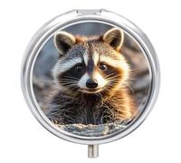 Round Pill Case Small Pill Box with Mirror Pocket 3 Compartment Cute Raccoon Medicine Case Organizer Pills Containers for Traveling Purse & Pocket