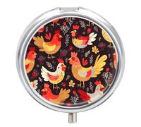 Round Pill Case Small Pill Box with Mirror Pocket 3 Compartment Cute Rooster Chickens Medicine Case Organizer Pills Containers for Traveling Purse & Pocket