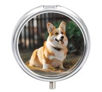 Round Pill Case Small Pill Box with Mirror Pocket 3 Compartment Dog Corgi Medicine Case Organizer Pills Containers for Traveling Purse & Pocket
