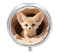 Round Pill Case Small Pill Box with Mirror Pocket 3 Compartment Fennec Fox Cub in Den Medicine Case Organizer Pills Containers for Traveling Purse & Pocket
