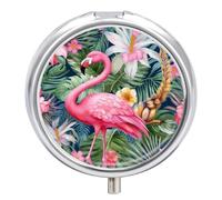 Round Pill Case Small Pill Box with Mirror Pocket 3 Compartment Flamingo Floral Pattern Medicine Case Organizer Pills Containers for Traveling Purse & Pocket
