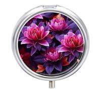 Round Pill Case Small Pill Box with Mirror Pocket 3 Compartment Flower Leaves Purple Red Flower Medicine Case Organizer Pills Containers for Traveling Purse & Pocket