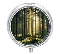 Round Pill Case Small Pill Box with Mirror Pocket 3 Compartment Forest White Light Medicine Case Organizer Pills Containers for Traveling Purse & Pocket