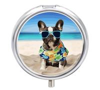 Round Pill Case Small Pill Box with Mirror Pocket 3 Compartment French Bulldog Summer Medicine Case Organizer Pills Containers for Traveling Purse & Pocket