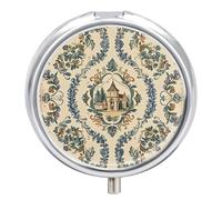 Round Pill Case Small Pill Box with Mirror Pocket 3 Compartment French Country Style Medicine Case Organizer Pills Containers for Traveling Purse & Pocket