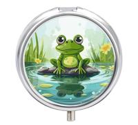 Round Pill Case Small Pill Box with Mirror Pocket 3 Compartment Frog in A Pond Medicine Case Organizer Pills Containers for Traveling Purse & Pocket