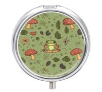 Round Pill Case Small Pill Box with Mirror Pocket 3 Compartment Frogs and Mushrooms Medicine Case Organizer Pills Containers for Traveling Purse & Pocket