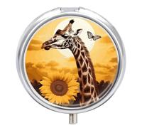 Round Pill Case Small Pill Box with Mirror Pocket 3 Compartment Giraffe and Sunflower Medicine Case Organizer Pills Containers for Traveling Purse & Pocket