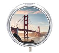 Round Pill Case Small Pill Box with Mirror Pocket 3 Compartment Golden Gate Bridge Medicine Case Organizer Pills Containers for Traveling Purse & Pocket