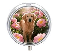 Round Pill Case Small Pill Box with Mirror Pocket 3 Compartment Golden Retriever & Daisy Medicine Case Organizer Pills Containers for Traveling Purse & Pocket
