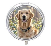 Round Pill Case Small Pill Box with Mirror Pocket 3 Compartment Golden Retriever Medicine Case Organizer Pills Containers for Traveling Purse & Pocket