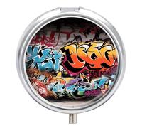 Round Pill Case Small Pill Box with Mirror Pocket 3 Compartment Graffiti Hip Hop Medicine Case Organizer Pills Containers for Traveling Purse & Pocket