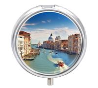Round Pill Case Small Pill Box with Mirror Pocket 3 Compartment Grand Canal in Italy Medicine Case Organizer Pills Containers for Traveling Purse & Pocket