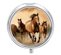 Round Pill Case Small Pill Box with Mirror Pocket 3 Compartment Horses Medicine Case Organizer Pills Containers for Traveling Purse & Pocket