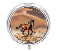 Round Pill Case Small Pill Box with Mirror Pocket 3 Compartment Horses Running in Desert Storm Medicine Case Organizer Pills Containers for Traveling Purse & Pocket