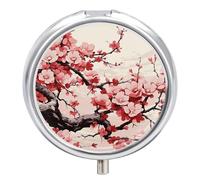 Round Pill Case Small Pill Box with Mirror Pocket 3 Compartment Japanese Floral Cherry Blossom Medicine Case Organizer Pills Containers for Traveling Purse & Pocket