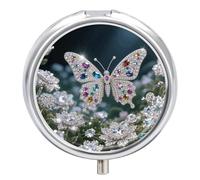 Round Pill Case Small Pill Box with Mirror Pocket 3 Compartment Jewel - Butterfly Medicine Case Organizer Pills Containers for Traveling Purse & Pocket