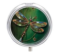 Round Pill Case Small Pill Box with Mirror Pocket 3 Compartment Jewel Dragonfly Medicine Case Organizer Pills Containers for Traveling Purse & Pocket