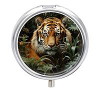 Round Pill Case Small Pill Box with Mirror Pocket 3 Compartment Jungle Tiger Medicine Case Organizer Pills Containers for Traveling Purse & Pocket