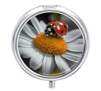 Round Pill Case Small Pill Box with Mirror Pocket 3 Compartment Ladybug Daisy Medicine Case Organizer Pills Containers for Traveling Purse & Pocket