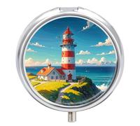Round Pill Case Small Pill Box with Mirror Pocket 3 Compartment Lighthouse Diamond Paint Medicine Case Organizer Pills Containers for Traveling Purse & Pocket