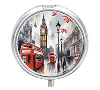 Round Pill Case Small Pill Box with Mirror Pocket 3 Compartment London Medicine Case Organizer Pills Containers for Traveling Purse & Pocket