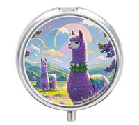 Round Pill Case Small Pill Box with Mirror Pocket 3 Compartment Love Alpaca Purple Medicine Case Organizer Pills Containers for Traveling Purse & Pocket