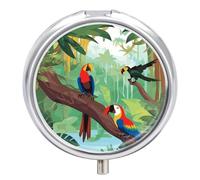 Round Pill Case Small Pill Box with Mirror Pocket 3 Compartment Macaw and Toucan Perching of American Rainforests Medicine Case Organizer Pills Containers for Traveling Purse & Pocket