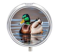 Round Pill Case Small Pill Box with Mirror Pocket 3 Compartment Mallard Duck Medicine Case Organizer Pills Containers for Traveling Purse & Pocket