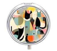 Round Pill Case Small Pill Box with Mirror Pocket 3 Compartment Mid-Century Modern Art Cat Medicine Case Organizer Pills Containers for Traveling Purse & Pocket
