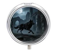 Round Pill Case Small Pill Box with Mirror Pocket 3 Compartment Moon Wolf Theme Medicine Case Organizer Pills Containers for Traveling Purse & Pocket