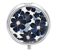Round Pill Case Small Pill Box with Mirror Pocket 3 Compartment Navy Blue Flowers Medicine Case Organizer Pills Containers for Traveling Purse & Pocket