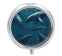 Round Pill Case Small Pill Box with Mirror Pocket 3 Compartment Ocean Whale Medicine Case Organizer Pills Containers for Traveling Purse & Pocket