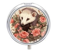 Round Pill Case Small Pill Box with Mirror Pocket 3 Compartment Opossum and Roses Medicine Case Organizer Pills Containers for Traveling Purse & Pocket