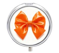 Round Pill Case Small Pill Box with Mirror Pocket 3 Compartment Orange Bow Medicine Case Organizer Pills Containers for Traveling Purse & Pocket