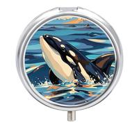 Round Pill Case Small Pill Box with Mirror Pocket 3 Compartment Orca Killer Whale Print Medicine Case Organizer Pills Containers for Traveling Purse & Pocket