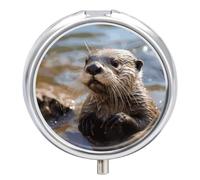 Round Pill Case Small Pill Box with Mirror Pocket 3 Compartment Otter Playing in The Water Medicine Case Organizer Pills Containers for Traveling Purse & Pocket