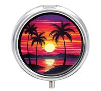 Round Pill Case Small Pill Box with Mirror Pocket 3 Compartment Palm Tree Sunset Design Medicine Case Organizer Pills Containers for Traveling Purse & Pocket